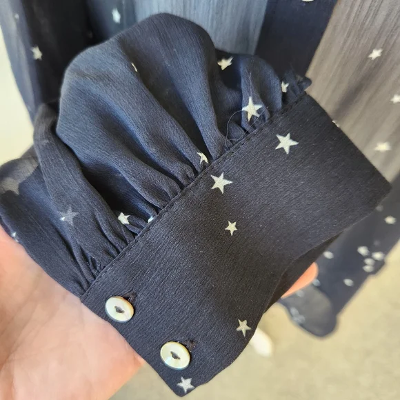 Lovestitch Star Print Black White Long Sleeve Sheer Blouse Top Button Medium - Picture 10 of 15